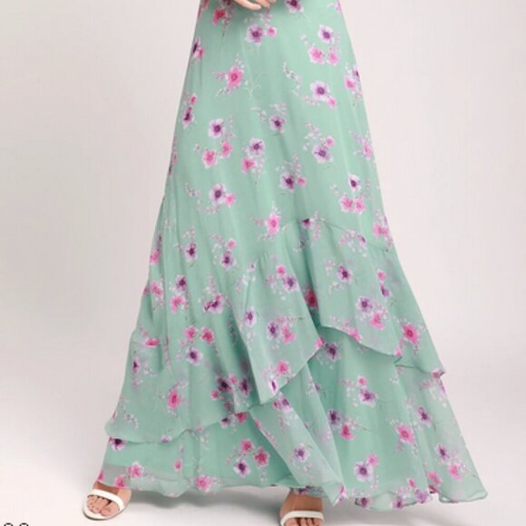 NWT Lulu's Take You There Mint Green Floral Print Maxi Dress sz L - Picture 3 of 16